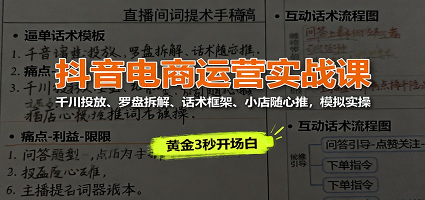 抖音电商运营实战课:千川投放、罗盘拆解、话术框架、小店随心推,模拟实操