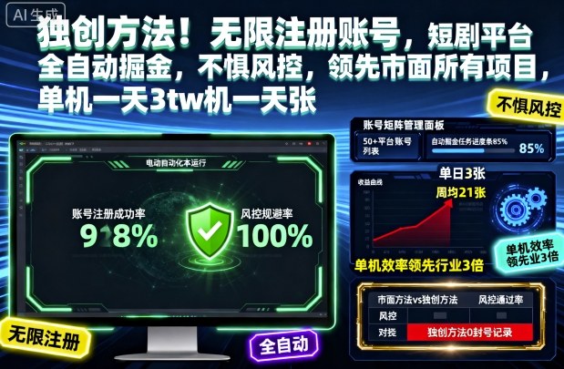 独创方法!无限注册账号,短剧平台全自动掘金,不惧风控,领先市面所有项目,单机一天3张