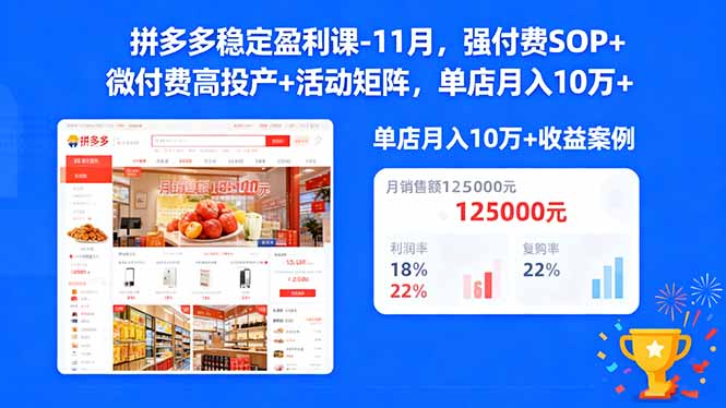 (16473期)拼多多稳定盈利课-11月,强付费SOP+微付费高投产+活动矩阵,单店月入10万+