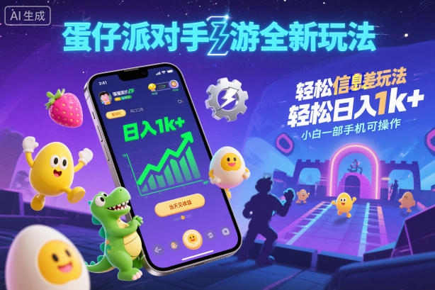 蛋仔派对手游全新玩法，轻松日入1k+，风口信息差玩法，当天见收益，小白一部手机可操作