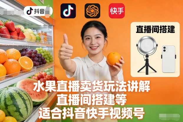 水果直播卖货玩法讲解、直播间搭建等，适合抖音快手视频号